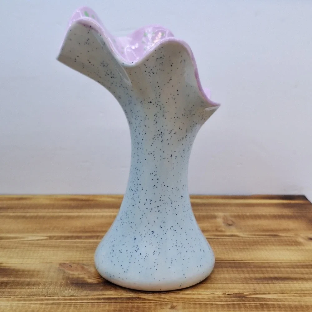 Art Ceramic Swung Vase‎ Artist Initials Speckled Grey  Pink Inside 8